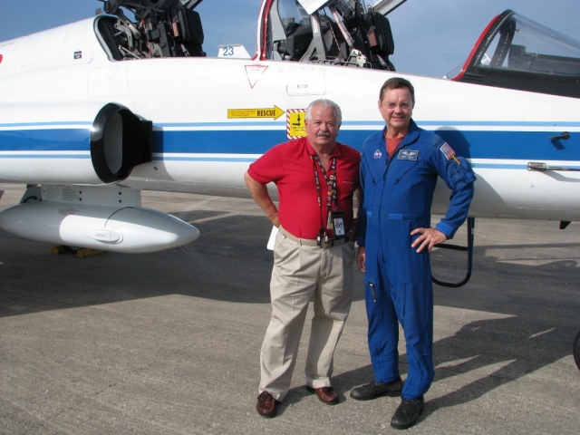 Another picture of Mike Shub and Bruce at the Shuttle Landing Facility at the Kennedy Space Center. The aircraft is one of our T-38s. Mike is a safety engineer at KSC.