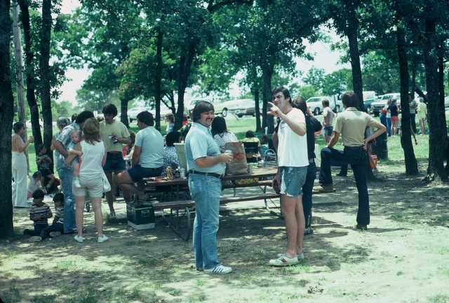 (031) 1975 Reunion Picnic Event:  Soapy Aclin and Charlie Stewart.  Back in the days when people still pointed at airplanes, Look! theres one!